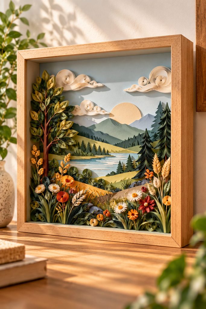 Layered shadow-box landscape combining quilled paper details with spaced paper scenery.