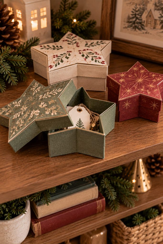 Lidded star-shaped cardstock boxes arranged in a small group on a Christmas shelf.