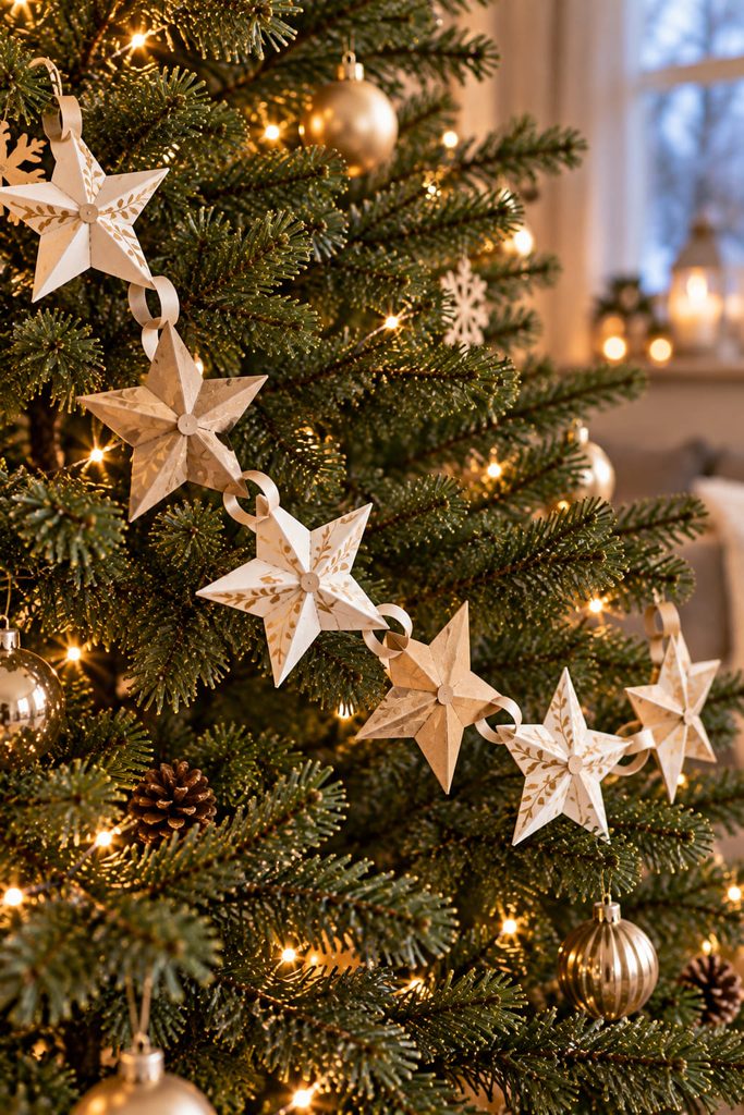 Linked paper star garland draped in a broad curve through evergreen branches.