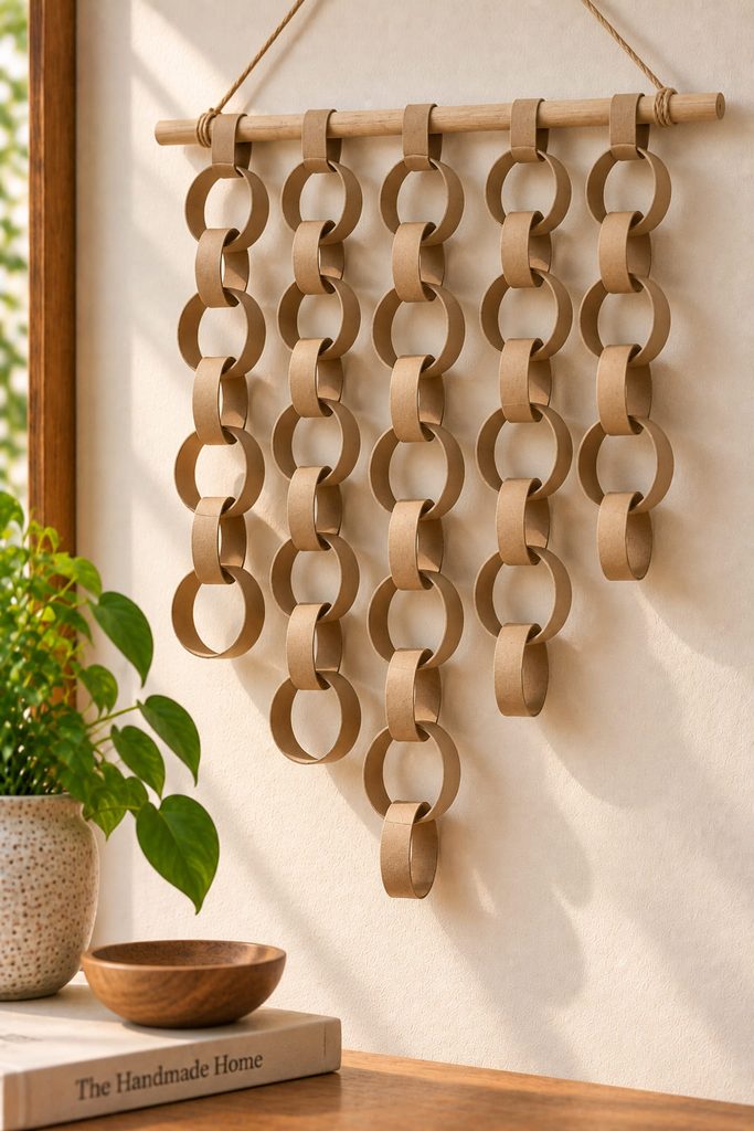 Hanging wall decor made from interlinked cardboard tube rings suspended from a dowel.