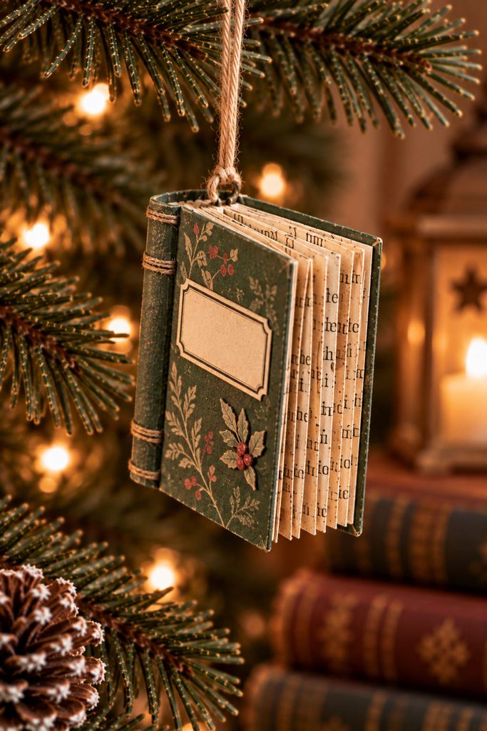 Miniature book ornament with an accordion-folded printed page block and green paper cover.