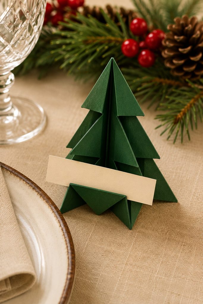 Standing origami Christmas tree place card supporting a narrow blank name strip.
