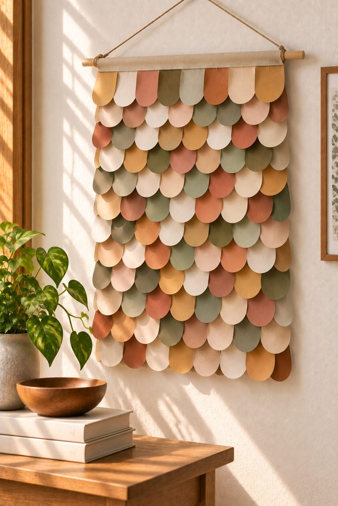Suspended paper scale panel with staggered overlapping rows and dimensional shadows.