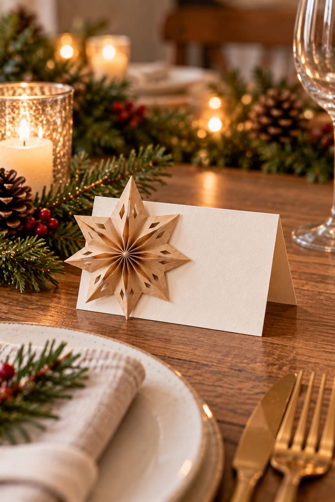Mini paper bag star attached to a folded holiday place card with a clear name area.