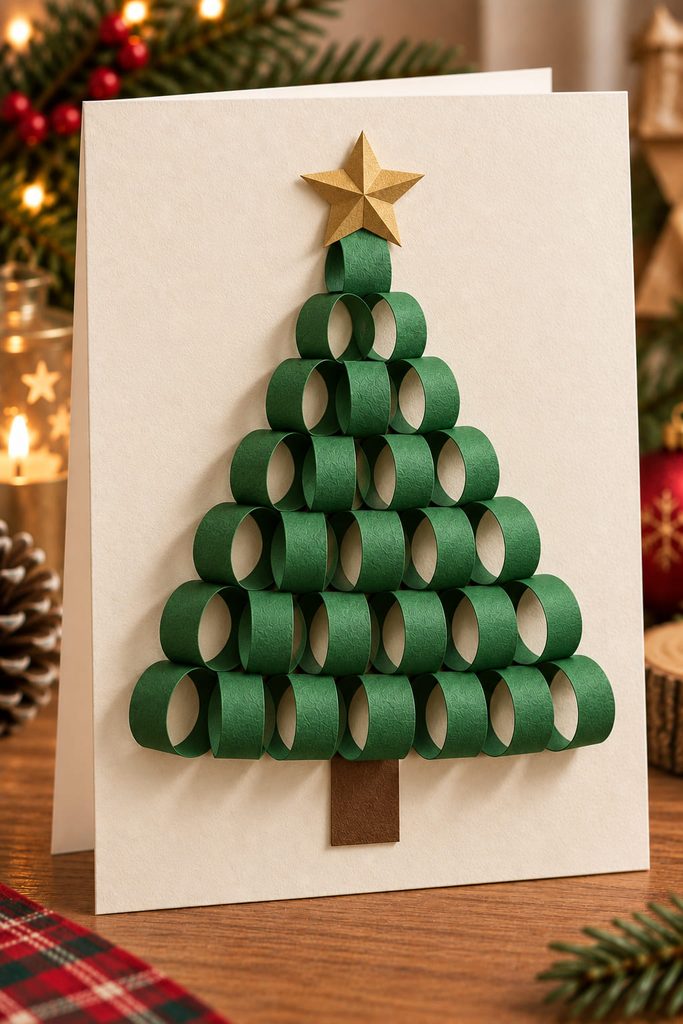 Christmas tree made from small green paper chain loops projecting from a warm white card.