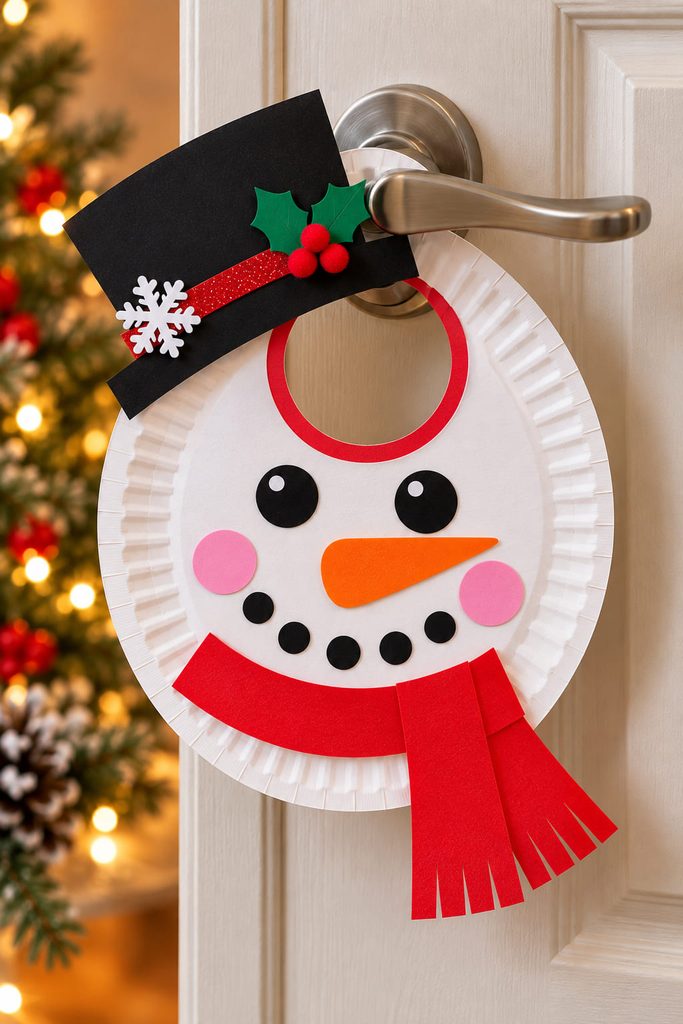 Paper plate snowman door hanger with handle opening