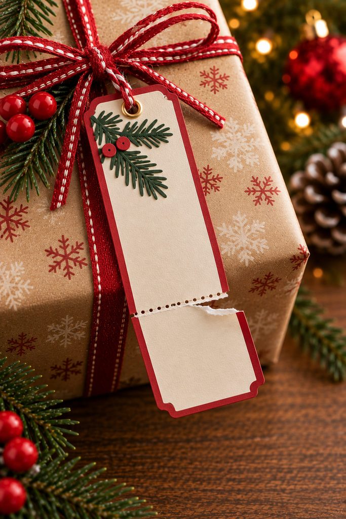 Long paper gift tag with a perforated lower strip partly torn away.