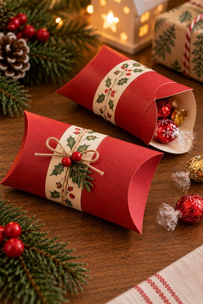 Red cardstock pillow-box Christmas treat holder with curved closing flaps.