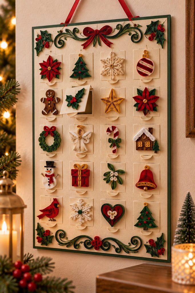 Advent countdown board with small quilled holiday motifs mounted on removable paper tabs.