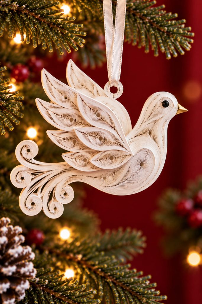 White quilled dove ornament with layered marquise feather coils and a softly curled paper tail.