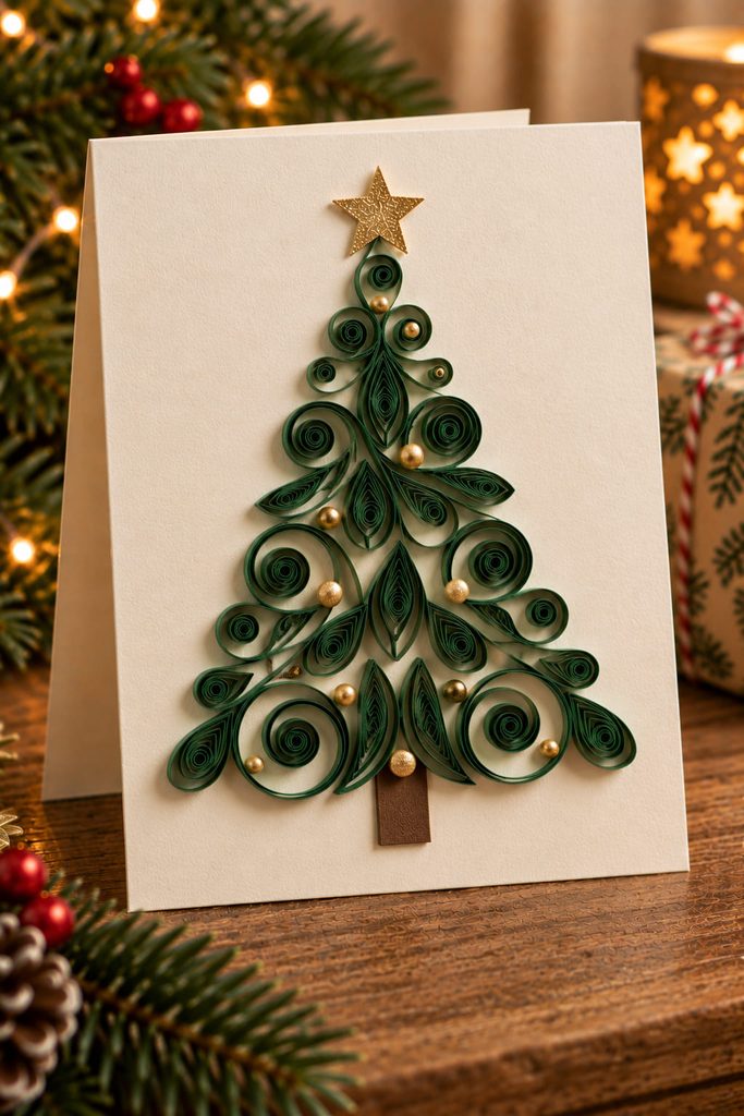 Quilled Christmas tree made from open green paper scrolls and teardrop coils on ivory cardstock.