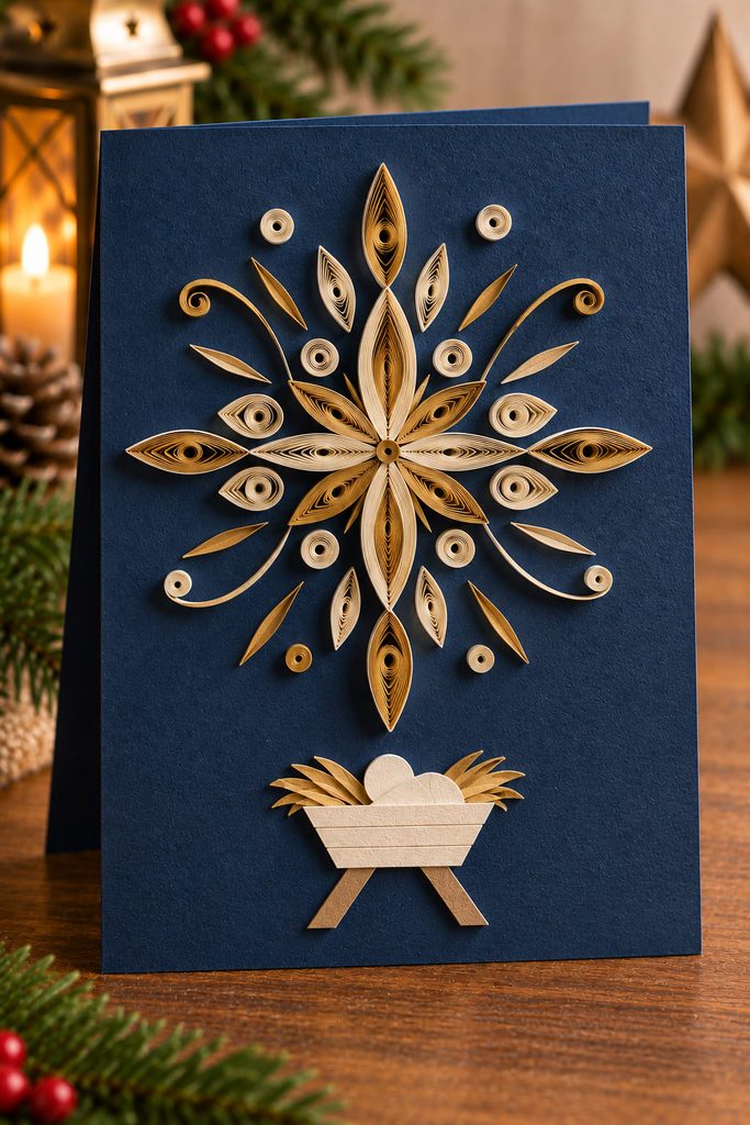 Quilled cream-and-gold starburst above a small manger silhouette on a deep-blue card.