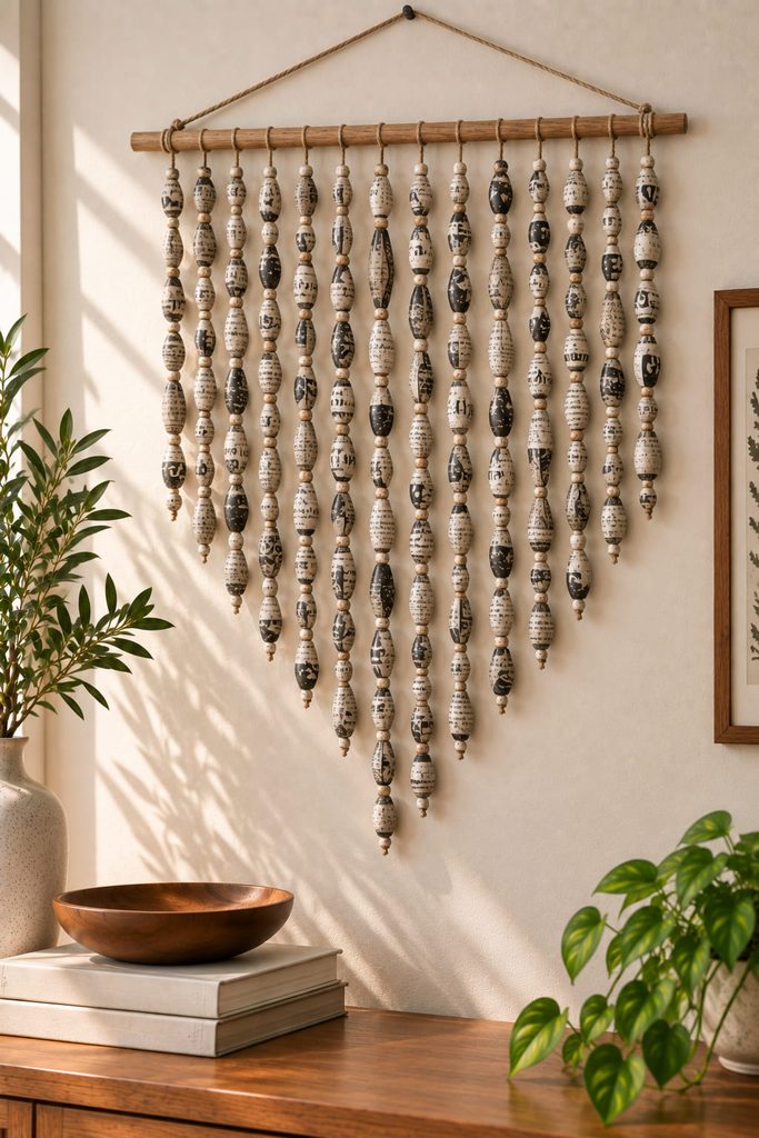 Vertical strands of rolled newspaper beads forming a shallow V-shaped wall hanging.