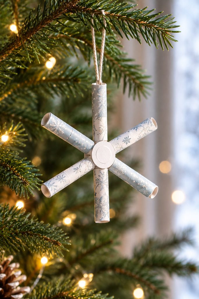 Rolled paper-tube snowflake ornament hanging from a Christmas tree branch.