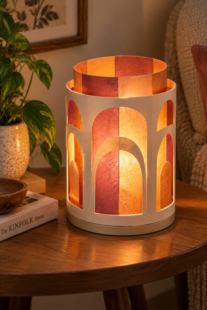 Double-sleeve paper lantern with offset cut windows revealing a colored translucent inner layer.