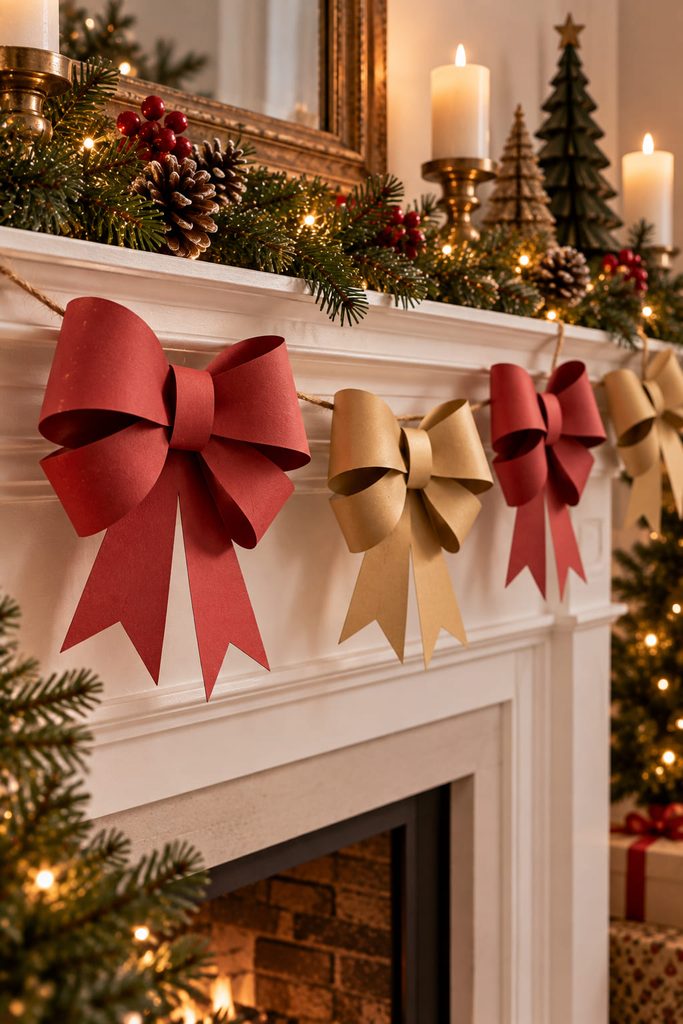 Oversized dimensional paper bows spaced along a handmade Christmas mantel garland.