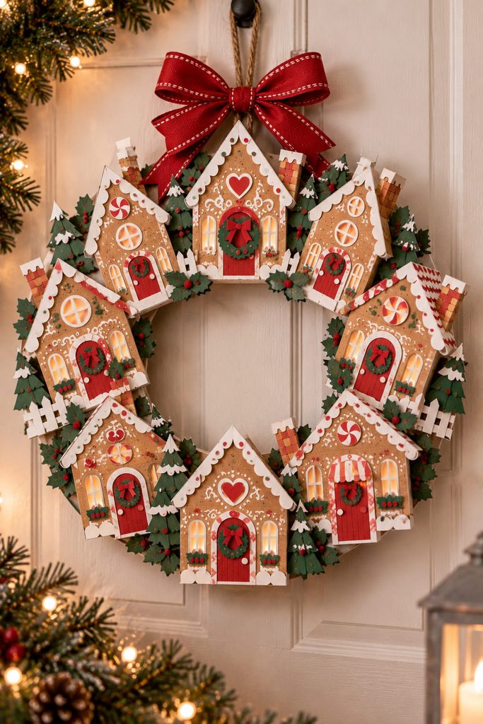 Paper wreath made from shallow gingerbread house facades arranged around a hidden circular support ring.