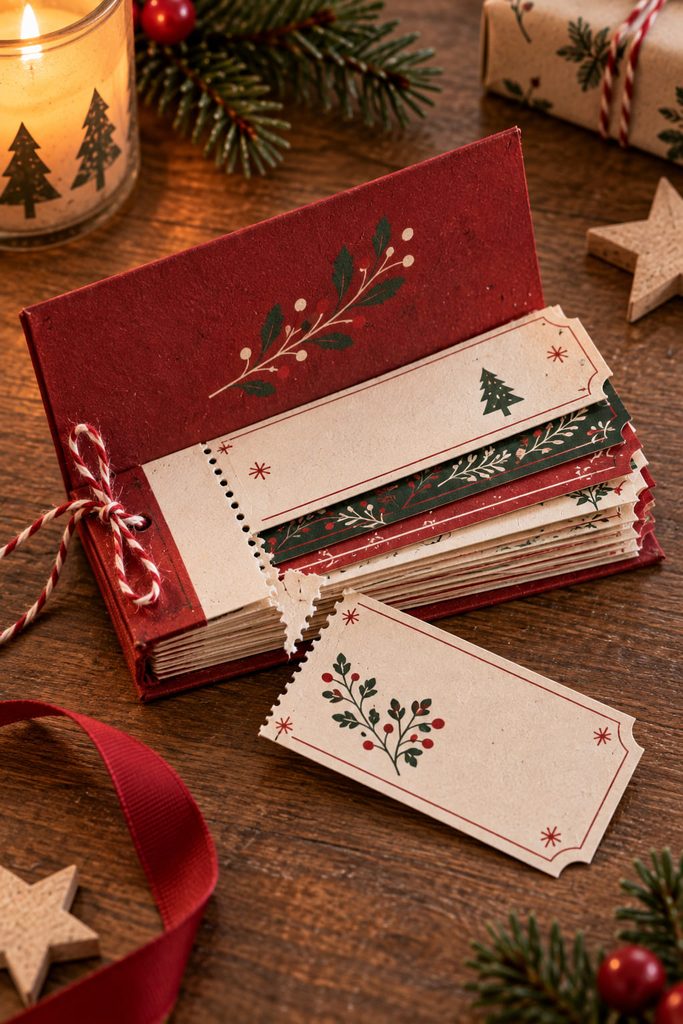 Handmade December coupon book with one perforated paper coupon partly torn out.