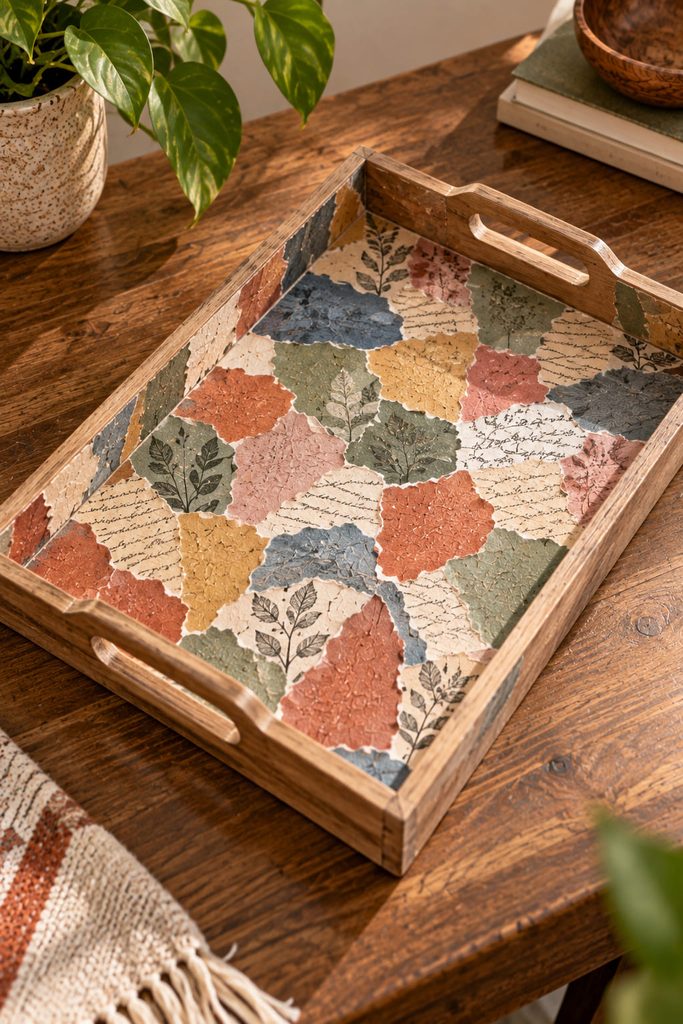 Shallow decorative tray with an overlapping torn-paper decoupage surface and clear handles.