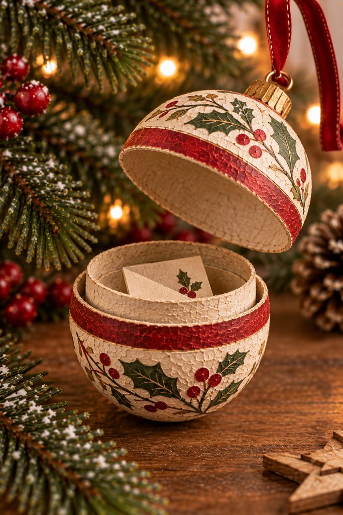 Open two-piece paper-mache bauble with a slip-fit collar and a tiny folded keepsake note inside.