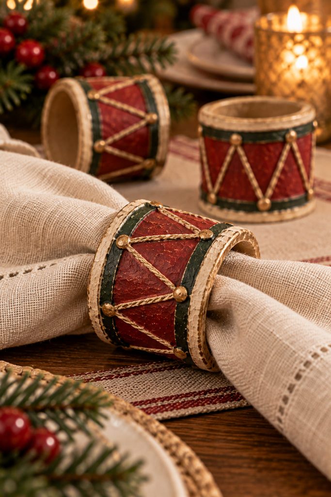 Vintage toy-drum paper-mache napkin ring with faded red, cream, and green bands around a folded linen napkin.