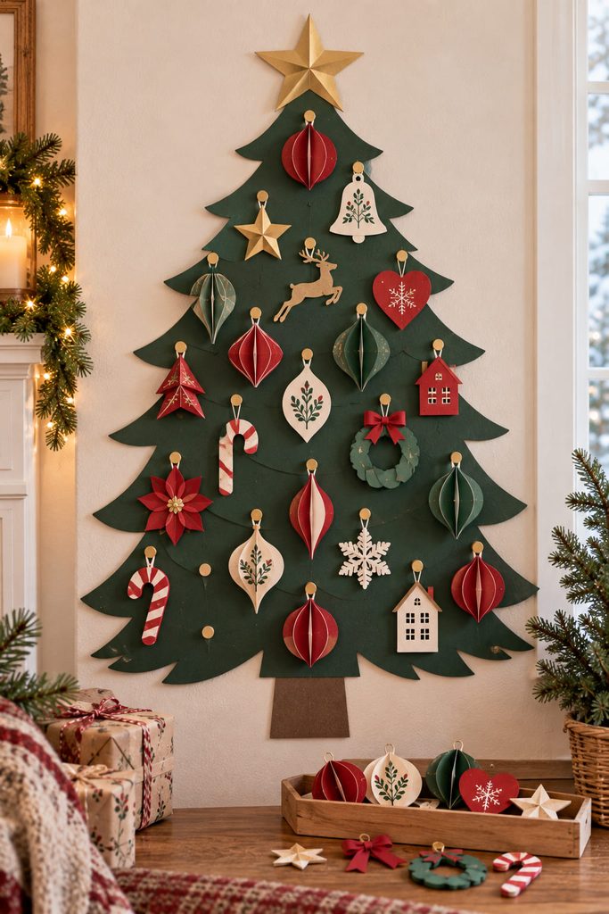 Wall-mounted paper Christmas tree gradually filling with handmade cardstock ornaments.