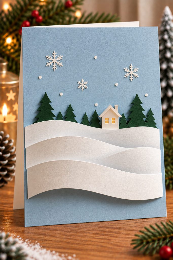 Curved white paper snowdrifts bowing forward across a blue Christmas card with a small winter scene behind them.