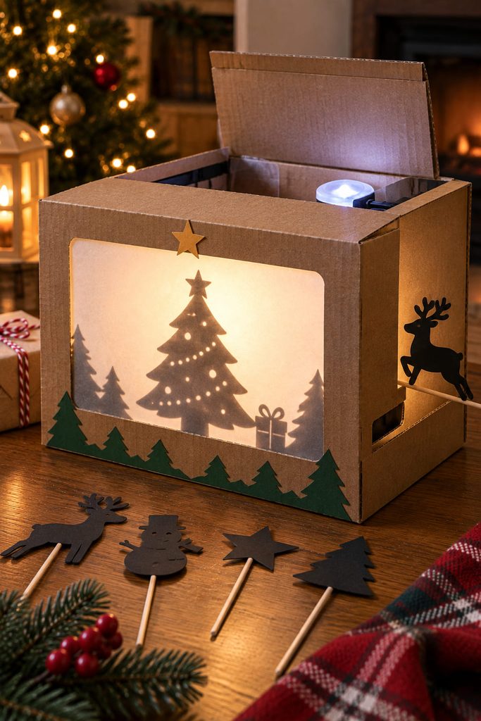 Christmas shadow-puppet theater made from a cardboard box with a vellum screen and battery LED.