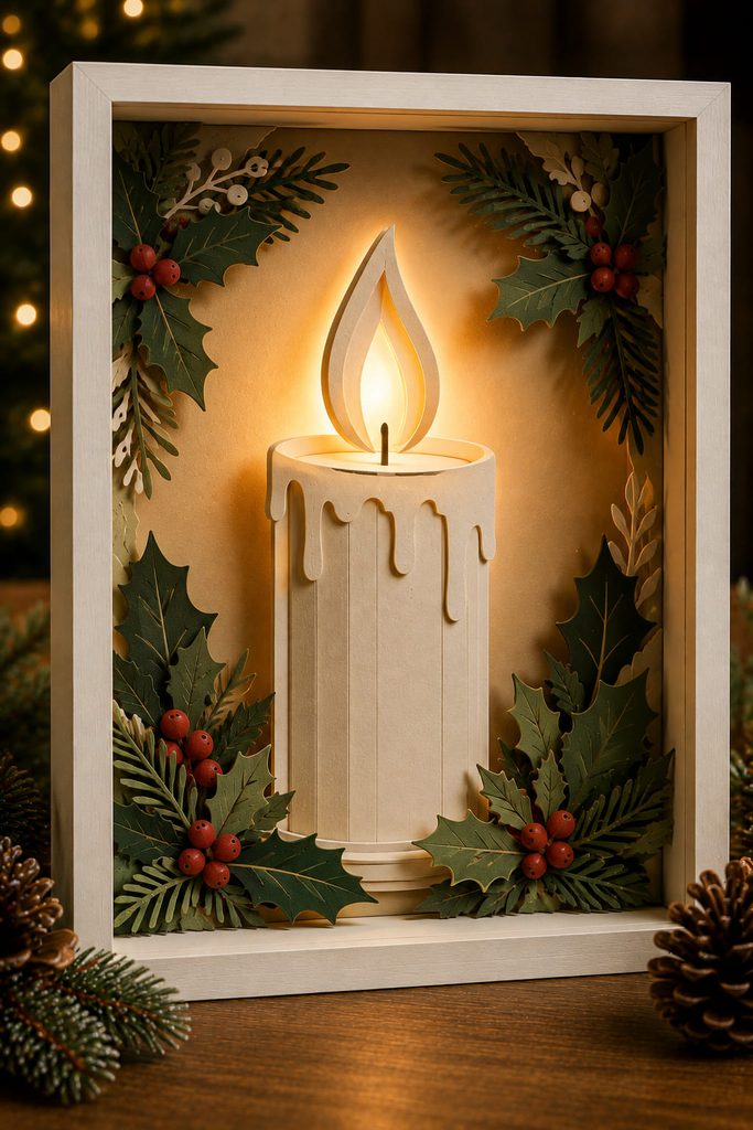 Paper Christmas candle shadow box with a vellum flame and warm LED glow.