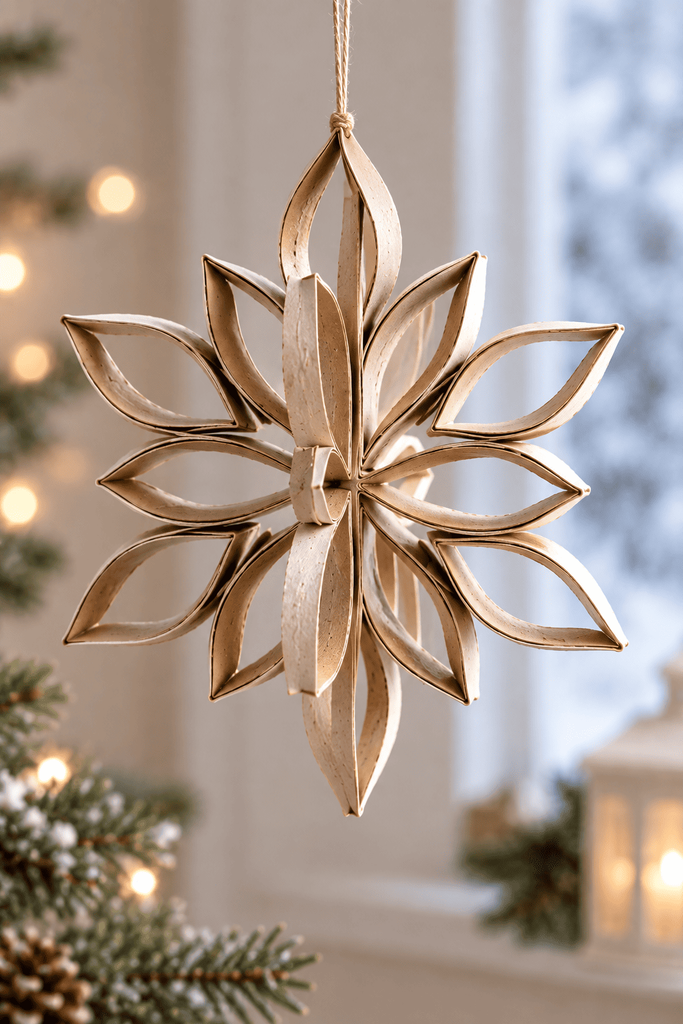 Three-dimensional cardboard-tube snowflake made from two flat snowflakes joined at right angles through a center slot.