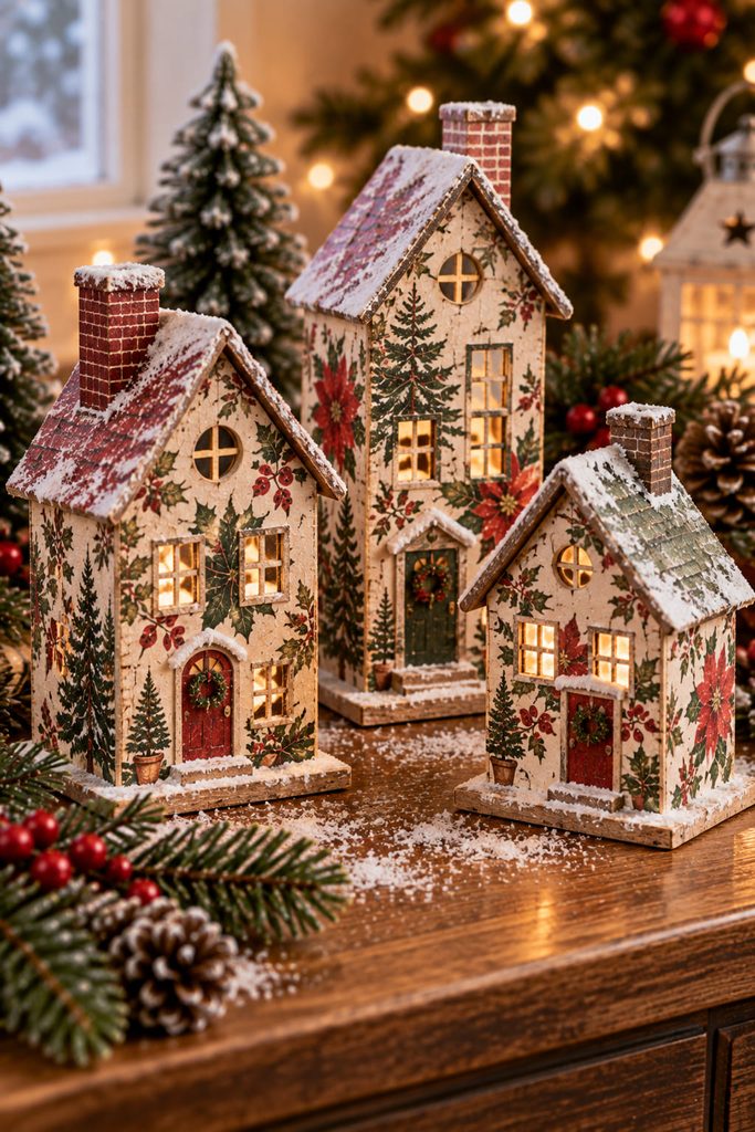 Three freestanding miniature Christmas houses with coordinated decoupage facades and clearly defined roofs and windows.
