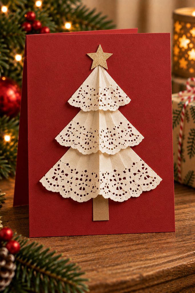 Cream folded paper doily tiers forming a vintage-style Christmas tree on a muted red card.