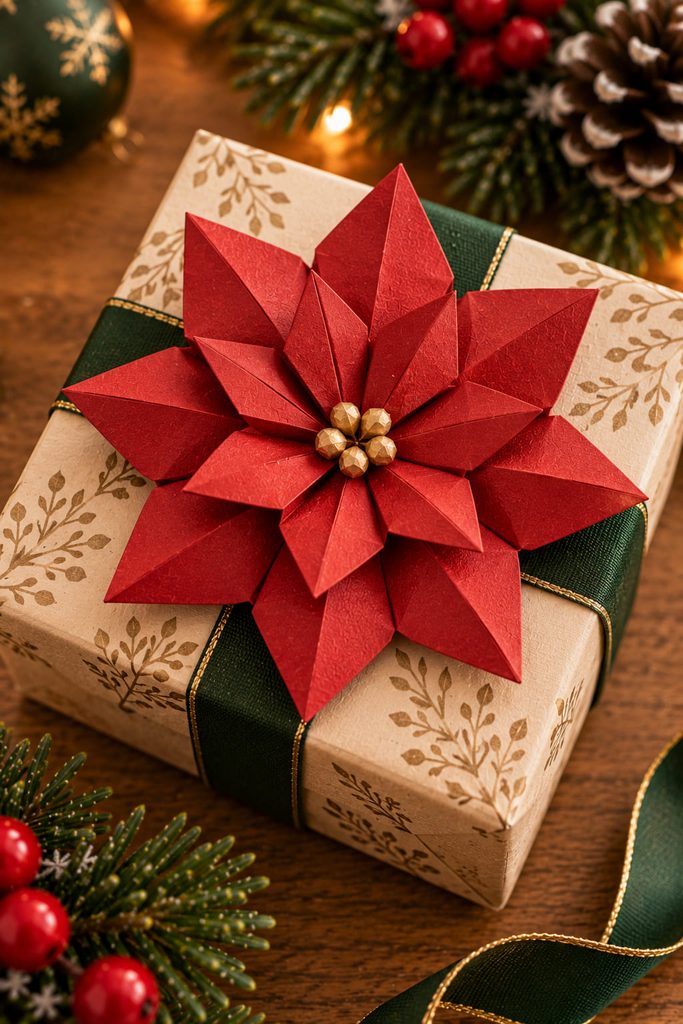 Red folded paper poinsettia bow made from repeated petal units on a Christmas gift.