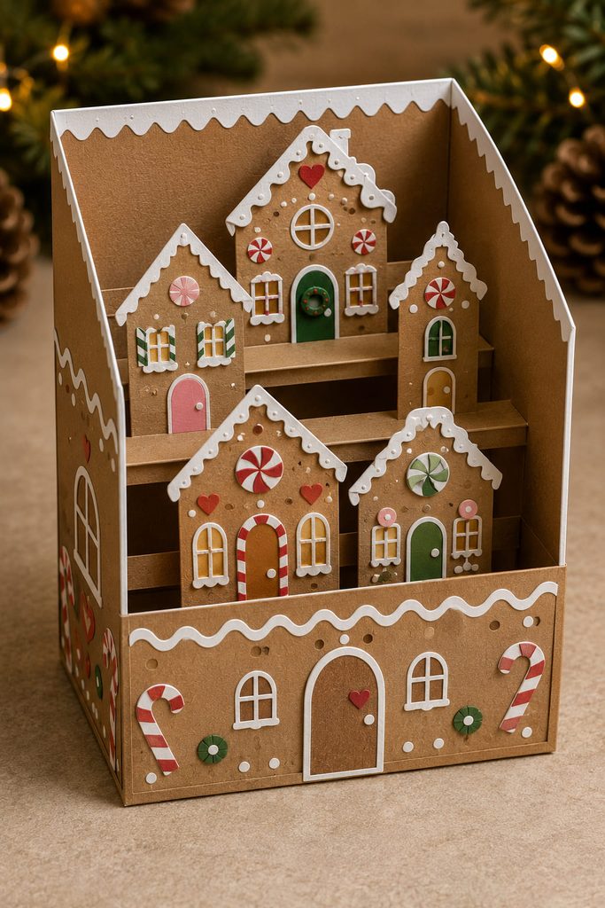 Freestanding gingerbread box card with layered paper houses and candy-colored details on interior bridge strips.
