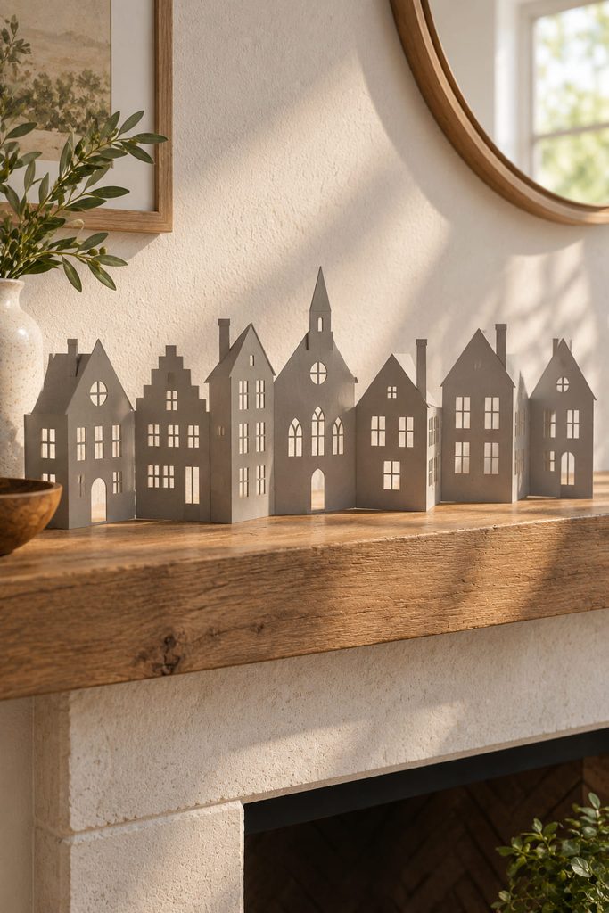 Warm-gray cut-paper village standing upright on shallow accordion folds across a mantel.