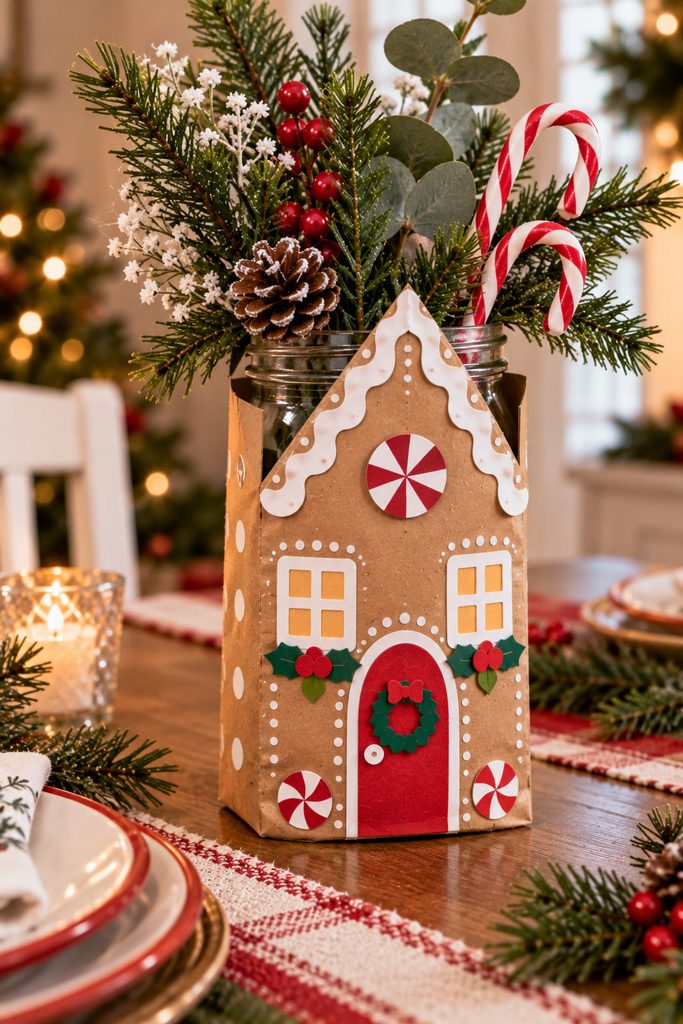 Kraft gingerbread house sleeve around a glass jar centerpiece with winter greenery rising above the roofline.