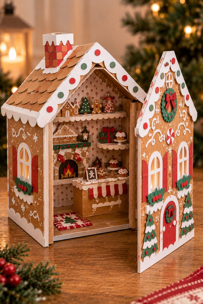 Hinged gingerbread dollhouse facade opened to reveal shallow paper rooms, shelves, and a tiny bakery counter.