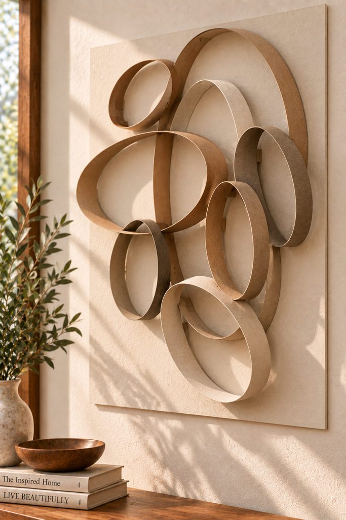 Large cardboard ellipse loops layered at different depths in an off-center orbital wall relief.