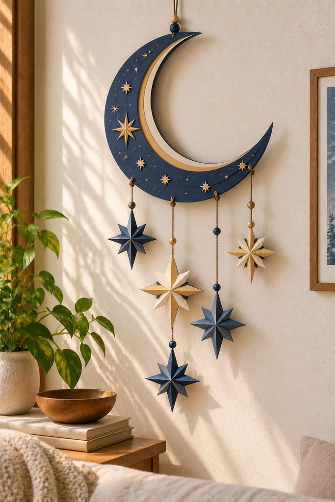 Layered paper crescent wall hanging with suspended paper stars.
