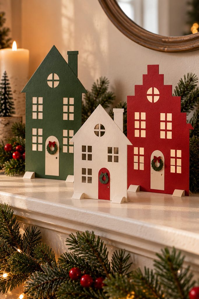 Layered freestanding paper Christmas village with folded foot bases on a mantel.