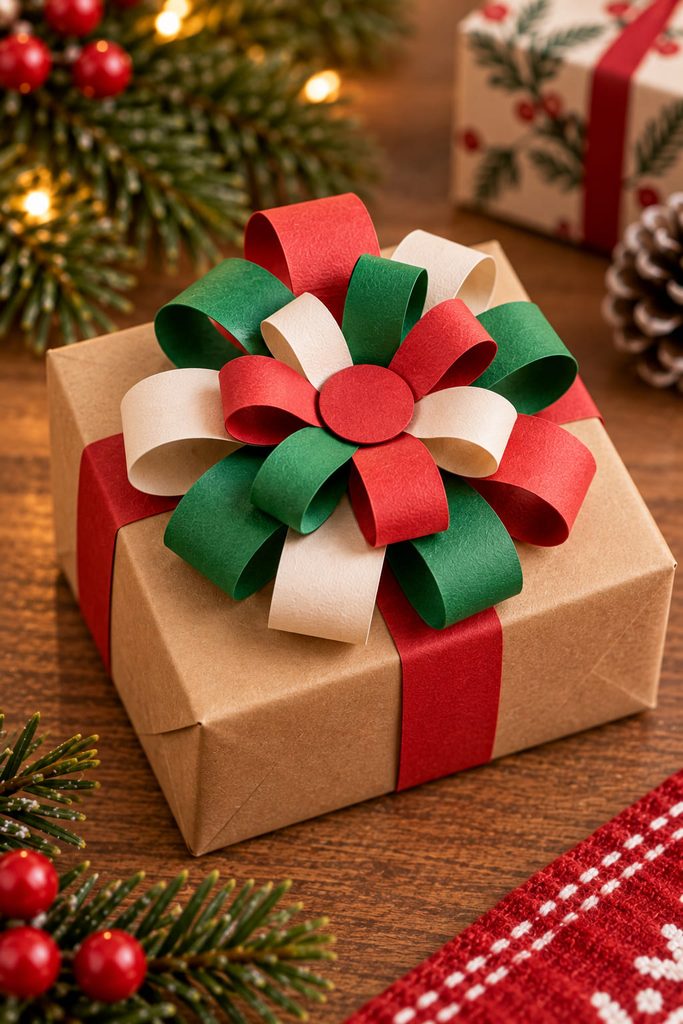 Looped construction-paper bow attached to a small wrapped Christmas gift.