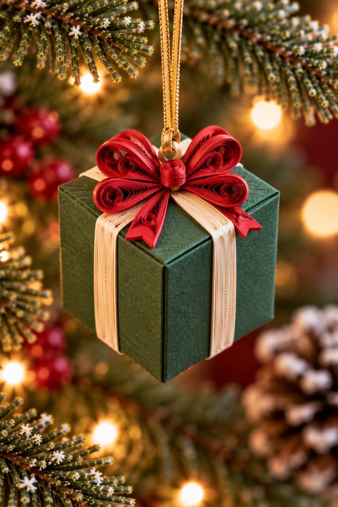 Mini green paper gift box ornament with cream ribbon bands and a small red quilled bow.