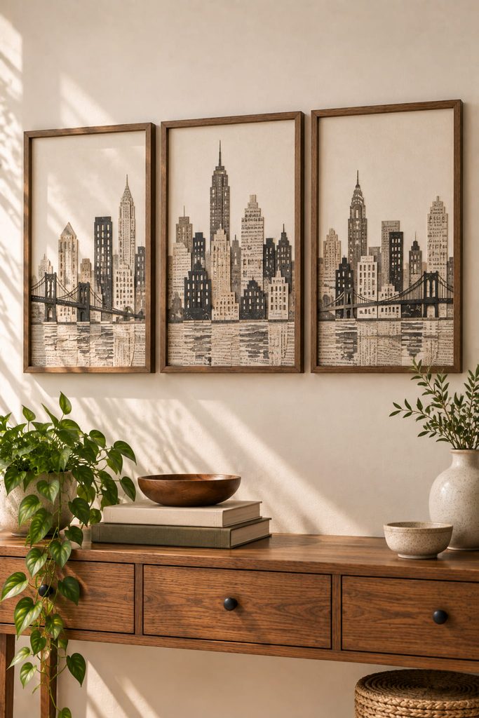 Three framed newspaper skyline panels aligned across one continuous horizon.