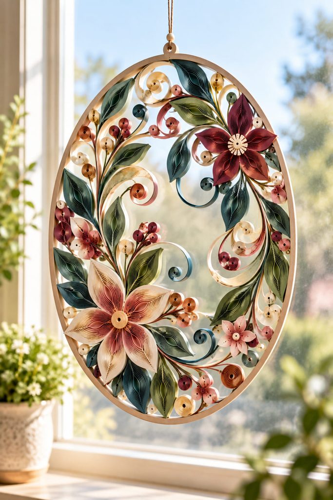 Openwork quilled paper window hanging glowing in bright indirect daylight.