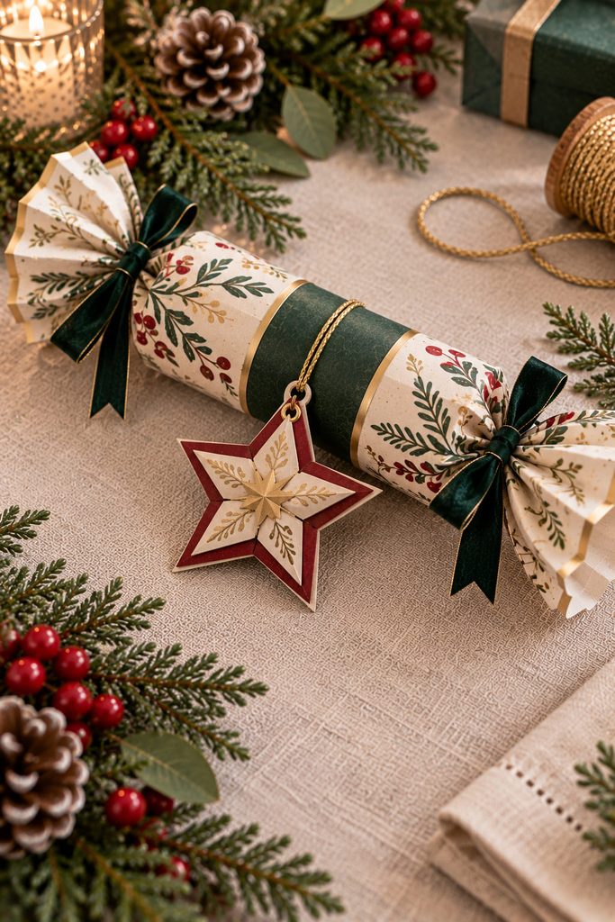 Christmas cracker with a detachable layered paper star ornament on a small cord loop.