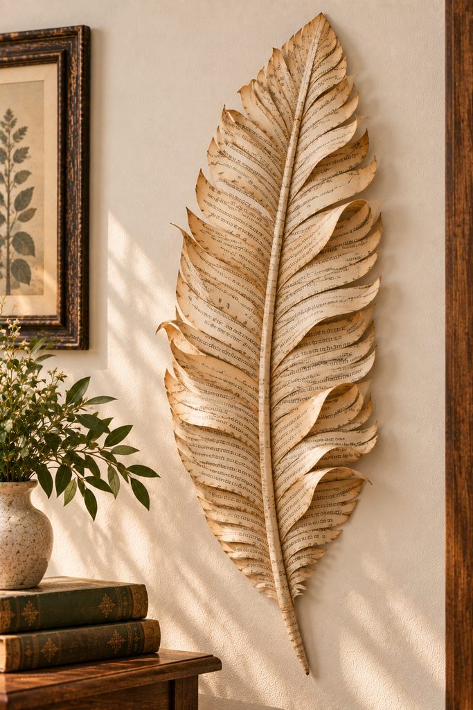 Oversized book-page feather relief with a raised spine and curled cut-paper barbs.
