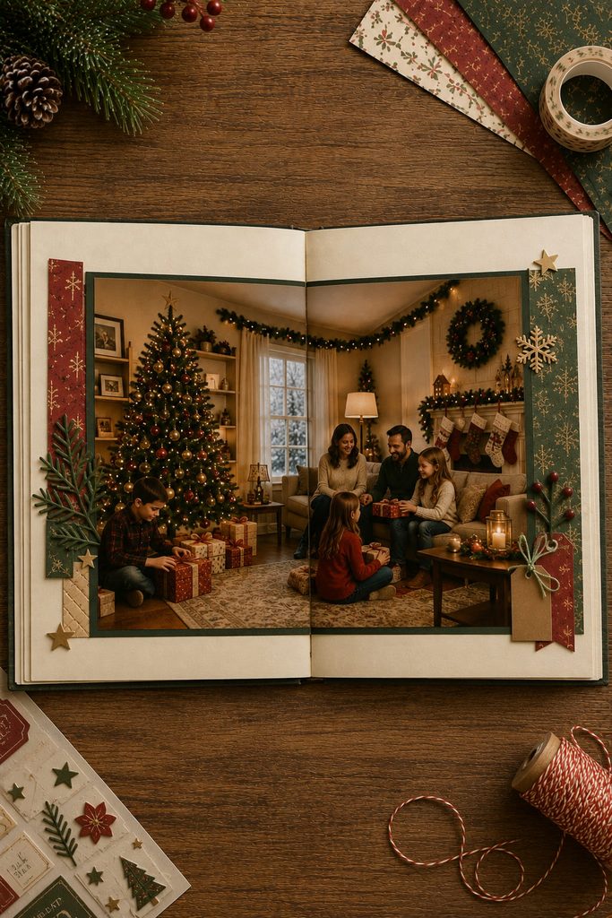 Open scrapbook with a wide Christmas panorama spanning two pages while the center gutter avoids important details.