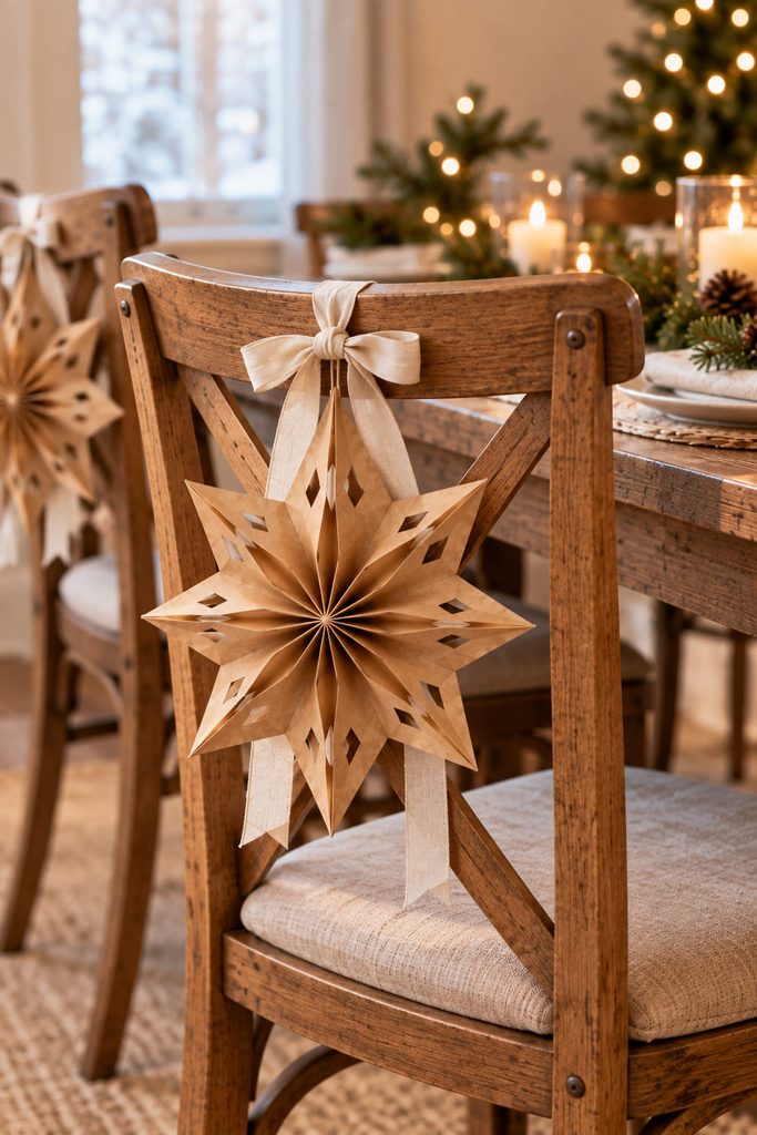 Kraft paper bag star tied to the back of a dining chair with a reinforced ribbon loop.