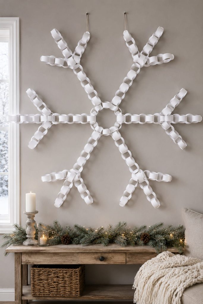 Oversized paper-chain snowflake with six forked arms displayed on a winter wall.