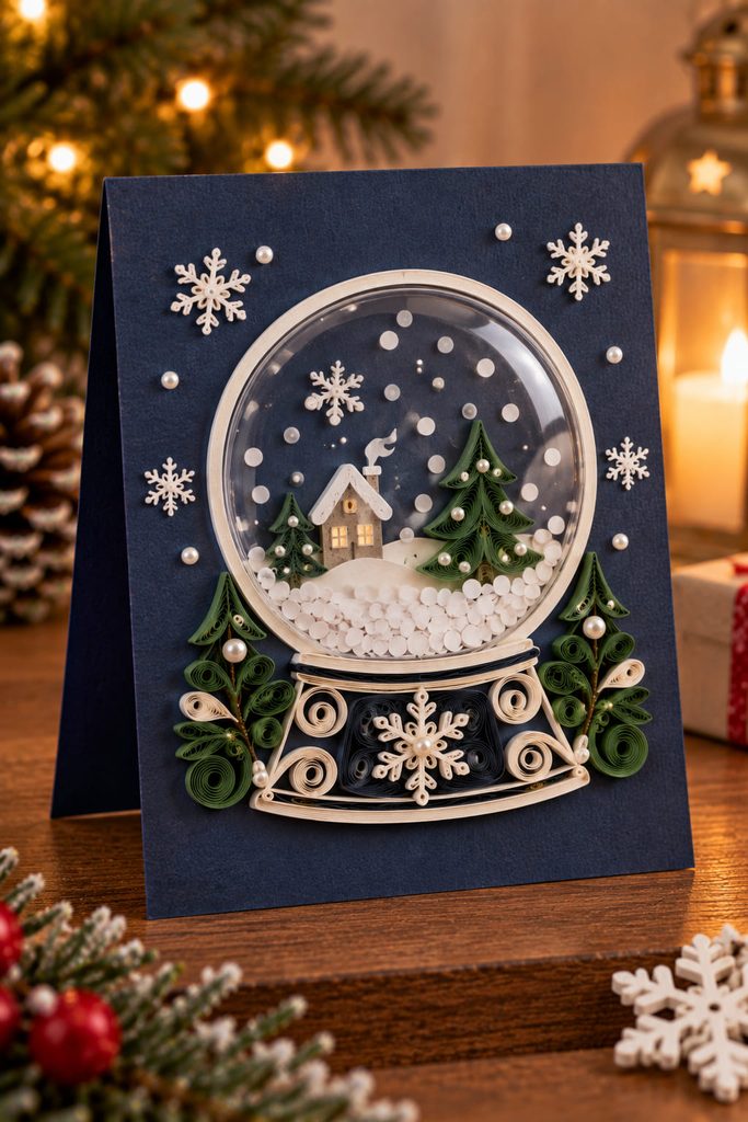 Navy shaker card with a clear snow globe window and low-profile quilled trees around the sealed cavity.